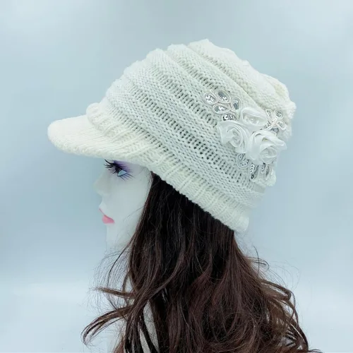 Vista 124 de C-US - Gorro de punto cálido para mujer, con visera de ganchillo con acento de flores