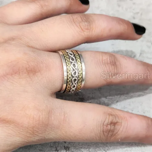 Vista 2 de Infinity Spinner Band, Meditation Ring, 925 Sterling Silver Ring, Spinning Thumb Ring, Two Tone Ring, Fidget Ring, Handmade Jewelry, Christmas