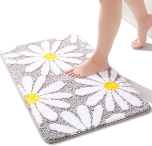 Vista 23 de QJHOMO Alfombra de baño beige con diseño de margaritas, decoración de flores blancas y amarillas, alfombra antideslizante de microfibra, súper