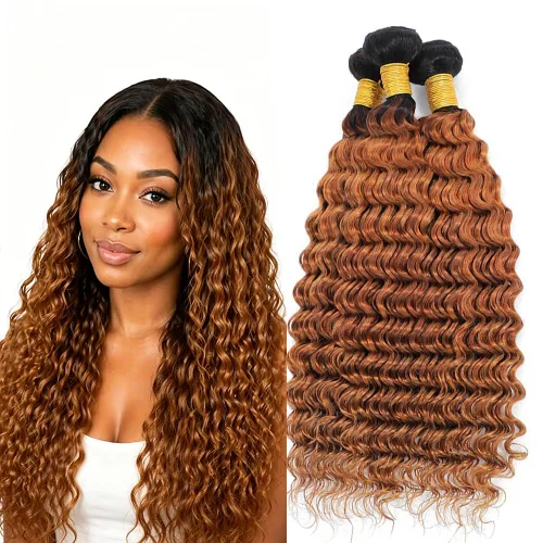Vista 19 de P4613 Cabello humano rizado onda profunda marrón y paquetes mixtos 8 10 12 P4613 Ombre Marrón-Rubio-DP