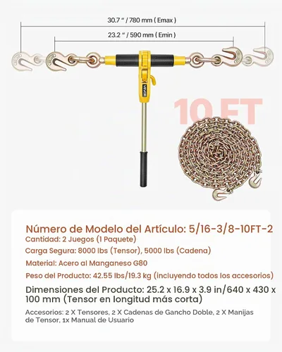 Vista 7 de VEVOR Tensor de cadena de trinquete, cadenas G80 de 5/16 pulgadas x 10 pies, carga de trabajo de 8000 libras de tensor de carga de trinquete, juego