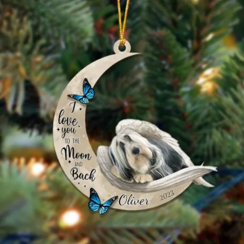 Vista 81 de Adorno colgante personalizado de ángel durmiendo en la luna, perro sabueso afgano, nombre personalizado, acrílico impreso en 2D plano – cumpleaños