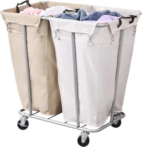 Vista 9 de PLKOW - Cesta de lavandería con ruedas de 120L, carrito de lavandería resistente con bolsa impermeable extraíble, cesta de ropa con estructura