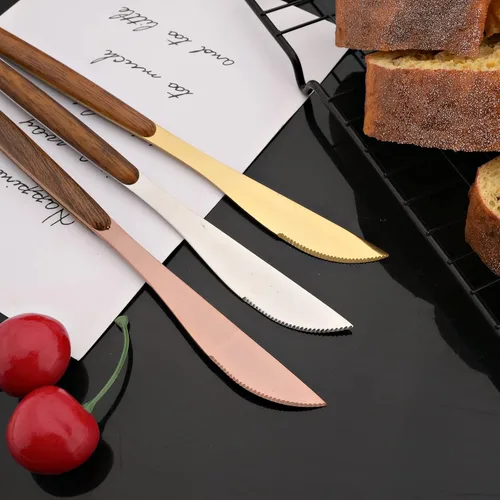 Vista 7 de JASHII Juego de cubiertos con mango de madera, 20 piezas de cubiertos de acero inoxidable, pulido con espejo, juego de cucharas y tenedores