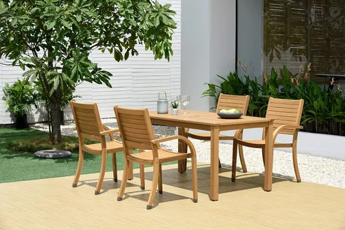 Vista 24 de Brampton Patio Brampton Coventry - Juego de comedor rectangular de 5 piezas, acabado de teca oscura y sillas apilables, ideal para patio y exteriores