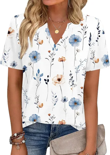 Vista 2 de Zeagoo Camisetas de manga corta con cuello en V para mujer, bonitas, elegantes, casuales, para negocios, trabajo, blusa
