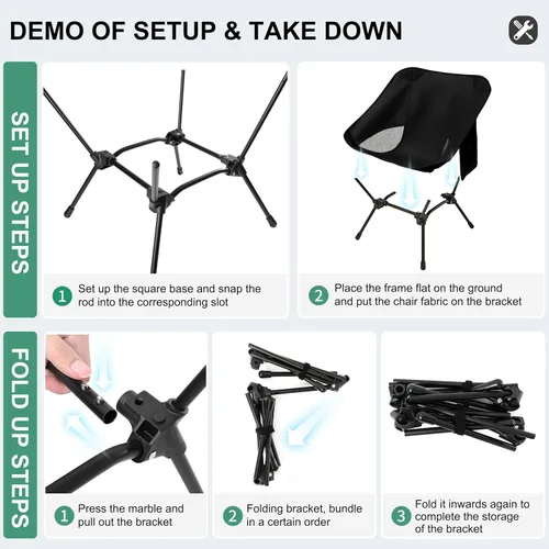 Vista 4 de Sillas de camping ligeras con altura ajustable, sillas de camping portátiles para adultos con bolsa de transporte y bolsillos laterales, sillas