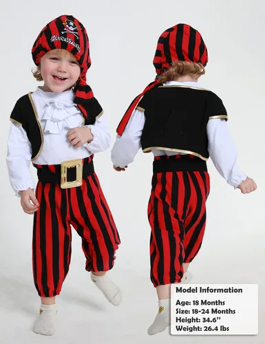 Vista 3 de COSLAND Disfraz de pirata para bebé y niño pequeño, 4 piezas, algodón, traje de Halloween, 3-24 meses