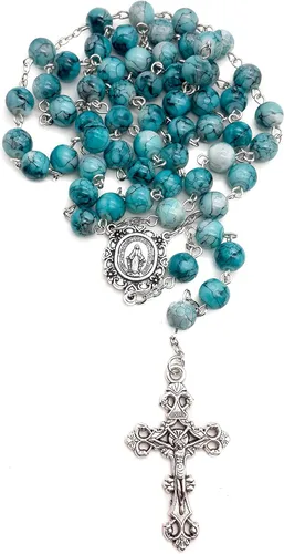 Vista 7 de Nazareth Store Rosario de cristal cristalizado turquesa con cuentas de rosario católico con medalla milagrosa y cruz de acero inoxidable Vidrio No