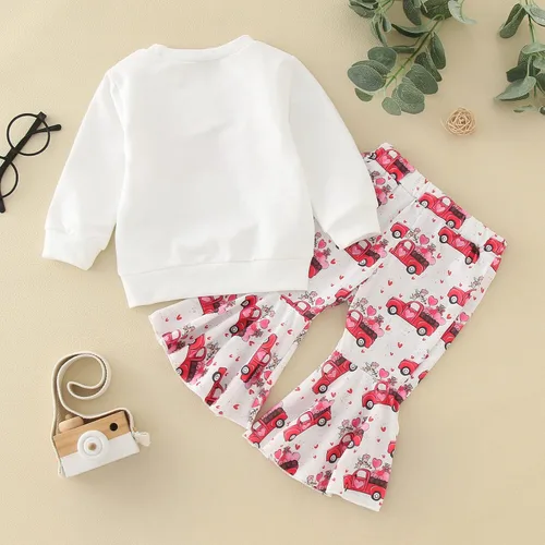 Vista 3 de Toddler Winter Long Sleeved Valentine's Day Letter Tops Love Car Print Flare Pants 2pcs School Shirts for Teen