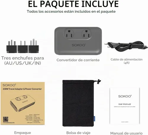 Vista 7 de SOKOO Convertidor de voltaje reductor de 230 vatios de 100-220 V a 110 V, convertidor de corriente internacional/adaptador de viaje, uso