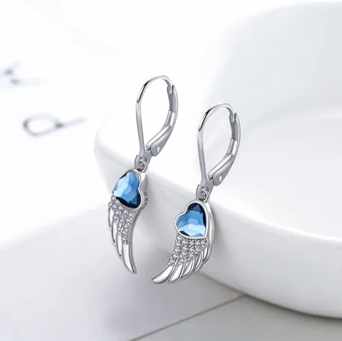 Vista 2 de Aretes hipoalergénicos de anclaje, celta, ángel, para mujeres y niñas, de plata de ley 925, con forma de corazón azul, celta, alas, anclaje