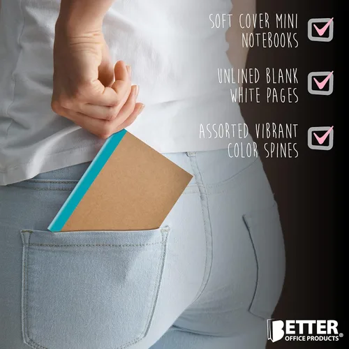 Vista 2 de Better Office Products 24 Pack Small Kraft Notebooks, 4.1 in x 5.5 in, 120gsm, 48 Heavyweight Unlined Blank White Pages, Assorted Vibrant
