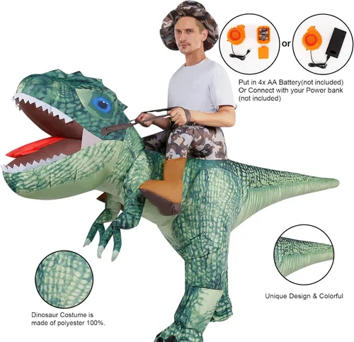 Vista 5 de Disfraz de dinosaurio para montar a caballo T Rex Air Blow up divertido vestido de fiesta de Halloween Navidad para adultos disfraz de cosplay