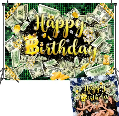 Vista 9 de Fondo de cumpleaños de 5 x 3 pies para fiesta de dinero, fondo de billetes de dólar, telón de fondo de hip hop, para niños, niñas y hombres