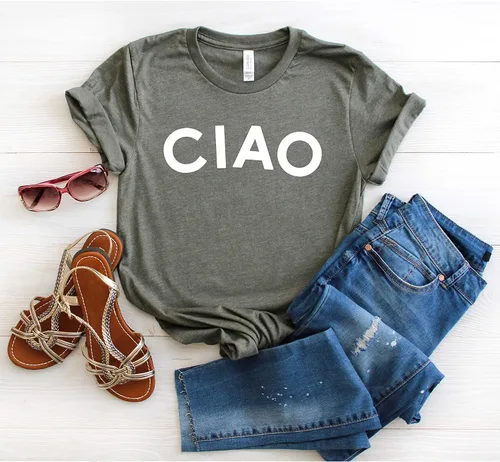 Vista 4 de CIAO - Camiseta francesa para mujer, camiseta casual con gráficos, camiseta de manga corta, camiseta de despedida, color malva jaspeado