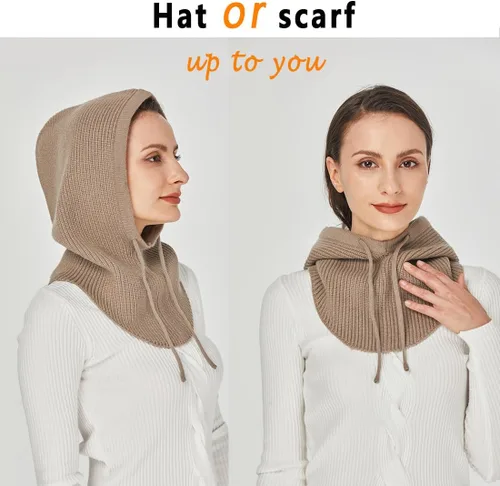Vista 9 de Facecozy Winter Hats for Women, Wool Blend Hooded Scarf Hat for Women Balaclava Knit Skull Cap Beanie Hat Men Neck Gaiters