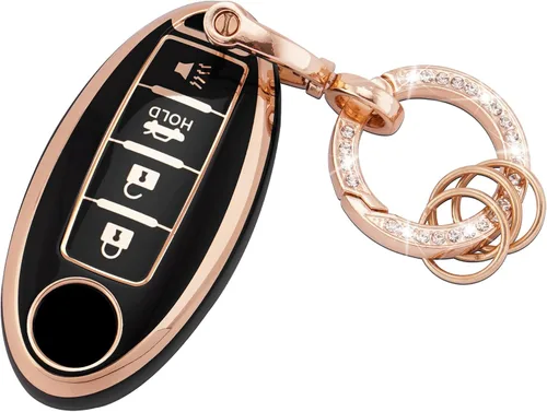 Vista 8 de EKALA Funda para llavero Nissan, 5 botones, TPU suave, funda completa de protección con llaveros de cuero, color negro y dorado, apta para Nissan