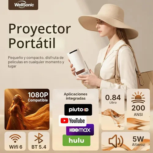 Vista 2 de Mini proyector con WiFi y Bluetooth, proyector portátil 4K con altavoz de 5 W, Keystone vertical automático y giratorio de 180°, proyector