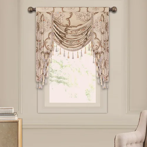 Vista 36 de Loom and Mill Cenefa de cascada de lujo de jacquard para sala de estar, elegantes cenefas de ventana con festones y cuentas damascadas, cortinas