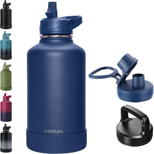 Vista 12 de RUBYFLASK - Botella de agua aislada con pajilla, jarra de agua al vacío de acero inoxidable, 24 onzas, botella con 3 tapas a prueba de fugas