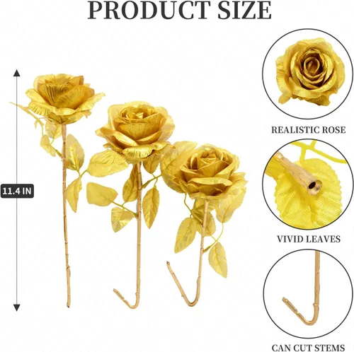 Vista 2 de Eternal Blossom 12 rosas artificiales doradas, flores de seda falsa con tallo corto, adecuadas para decoración de fiestas de boda y familia, 12