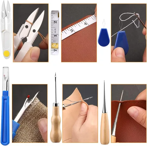 Vista 5 de BUTUZE Kit de reparación de tapicería, kit de costura de cuero, hilo de coser, hilo encerado, agujas de coser a mano resistentes, punzón de costura