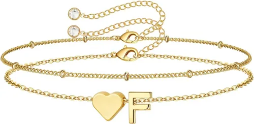 Vista 45 de M MOOHAM Pulseras de oro con inicial de corazón para mujer, pulseras con dije de letra A-Z de corazón dorado en capas para mujer, pulseras