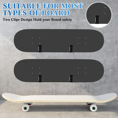 Vista 5 de Zonon 4 clips horizontales de montaje en pared para snowboard, estante de pared para patineta, soporte de pared para patineta, estante de exhibición