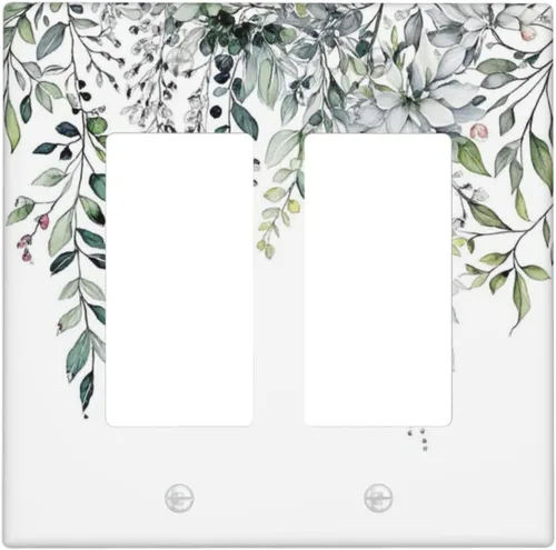 Vista 105 de Cubierta de tomacorriente eléctrico dúplex individual estilo campestre con diseño floral de flores y pájaros en blanco y negro, placa de pared de 1