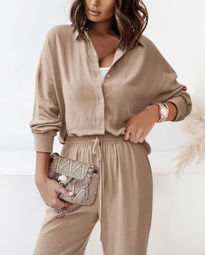 Vista 4 de dowerme Conjunto deportivo casual de 2 piezas para mujer, con botones, con cordón y pantalón largo