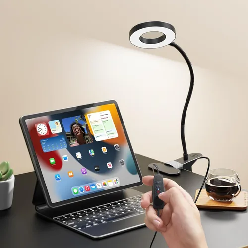 Vista 8 de Paquete de 2 lámparas de escritorio LED con clip, lámpara de metal ajustable 360 para el cuidado de los ojos con función de memoria, 3 modos