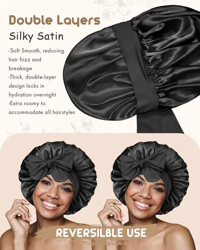 Vista 7 de BONNET QUEEN Gorro reversible de satén de seda para dormir, doble capa, ajustable, trenzas rizadas, peluca de cabello natural, banda para gorro