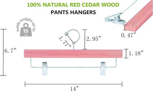 Vista 2 de Amber Home Paquete de 12 perchas para pantalones de madera de cedro rojo americano, perchas de madera de cedro natural con 2 clips ajustables