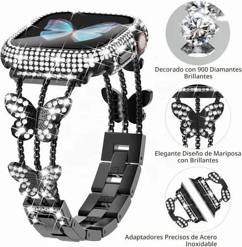 Vista 3 de Correa Bling y Funda WINGLE para Apple Watch para Mujeres 40mm SE 3/2/1 Series 6 5 4, Correa de Brazalete de Metal con Diamantes de Imitación