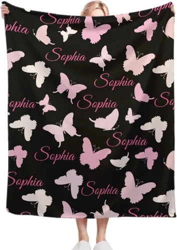 Vista 21 de Manta personalizada con nombre de mariposa, regalos personalizados para adultos, manta personalizada para hombres y mujeres, manta de franela