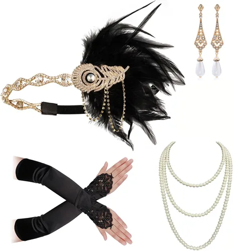 Vista 42 de Cizoe (aa) - Juego de accesorios de estilo Gatsby de la década de 1920, para mujer, diadema de estilo flapper, tocado, collar, guantes