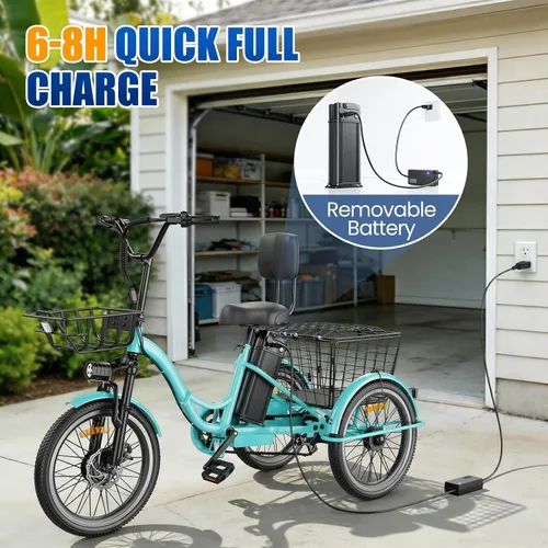 Vista 8 de Triciclo eléctrico para adultos, triciclo eléctrico de pico de 1200 W, triciclo plegable con batería extraíble de 468/720/960 Wh, bicicletas 83