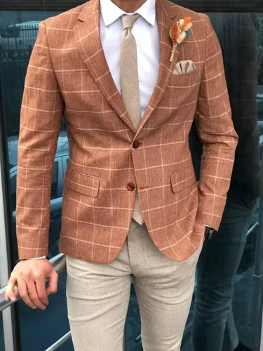 Vista 3 de HUUTOE Blazer a cuadros para hombre, chaqueta de traje a cuadros, ajuste delgado, casual, solapa con muescas, dos botones, abrigo deportivo