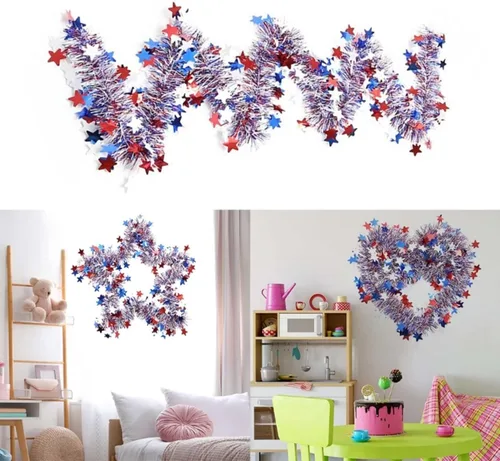 Vista 7 de Dzrige Guirnalda patriótica de oropel, guirnalda colgante de oropel rojo, blanco y azul, suministros de decoración patriótica con purpurina
