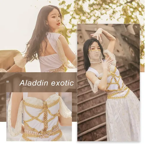 Vista 5 de Disfraz de jazmín de danza del vientre, disfraz de princesa de Aladdin, blanco para mujer