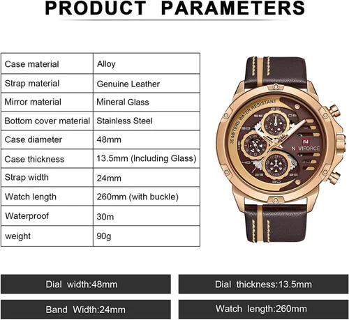 Vista 3 de NAVIFORCE Relojes deportivos militares para hombre, reloj impermeable analógico de cuarzo, correa de piel, fecha, calendario, reloj de pulsera