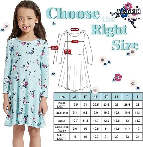 Vista 5 de V.&GRIN Vestido de niña suave de manga larga floral twirly casual y vestido de fiesta para niños pequeños de 2 a 8 años