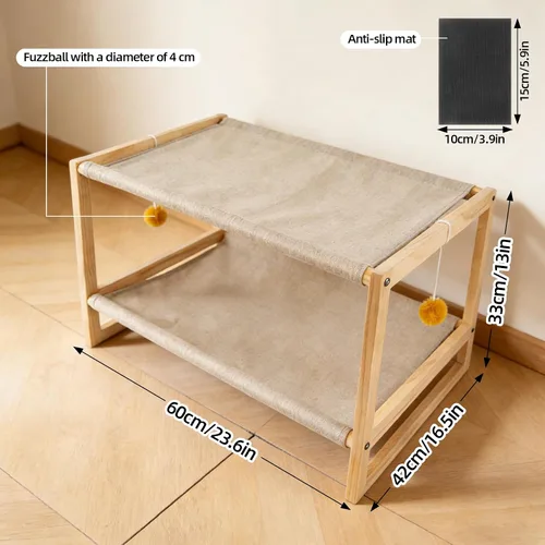 Vista 2 de Hamaca para gatos de 2 capas, litera de madera de pino para gatos con funda extraíble lavable, capacidad de 45 libras/nivel, cama elevada