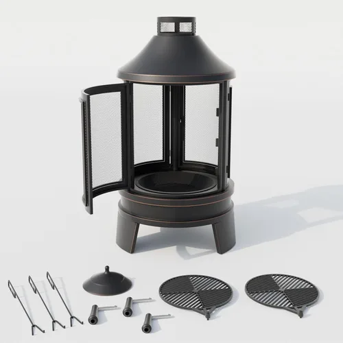 Vista 8 de ALAULM Chiminea de metal con parrilla, hoguera 2 en 1 con bandeja de parrilla ajustable y puerta mosquitera de malla, chimenea de acceso múltiple