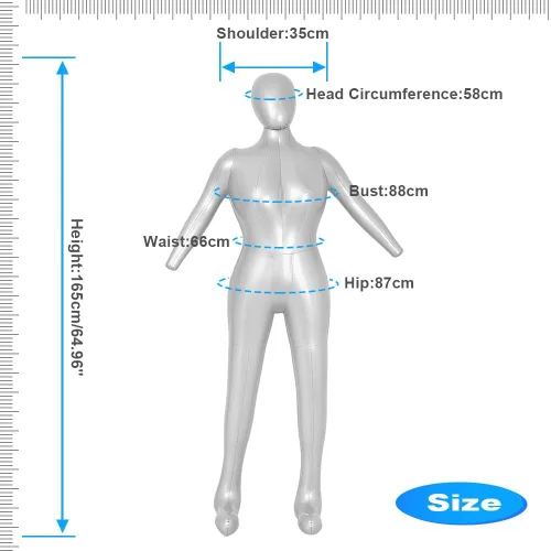 Vista 4 de Three T Maniquí inflable de cuerpo completo femenino con brazos y cabeza – 65.0 in tamaño real de PVC vestido forma para exhibición minorista, feria