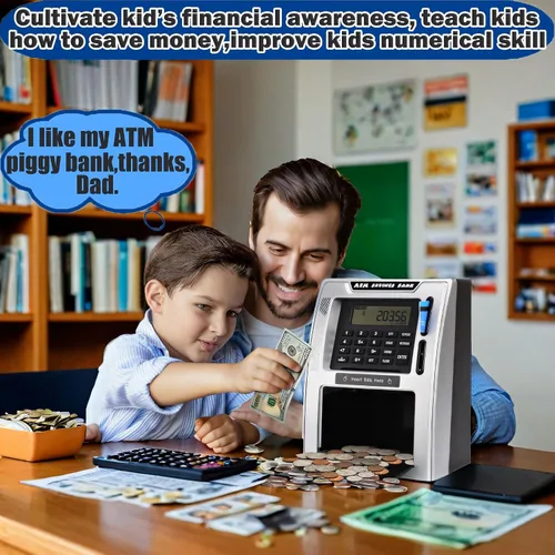 Vista 2 de Fishboy Caja de ahorros parlante estilo cajero automático para niños con dos tarjetas de débito, memoria de apagado, cajón de apertura automática