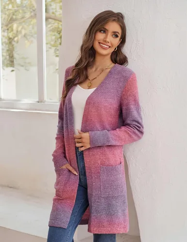 Vista 5 de GRACE KARIN Suéter de arcoíris para mujer, parte delantera abierta, color lavanda, chaqueta de manga larga con bolsillos