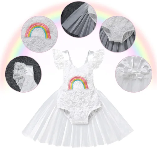 Vista 16 de Traje de bebé niña primer cumpleaños traje de encaje tul mameluco princesa tutú vestido de un año cumpleaños pastel Smash fotografía ropa