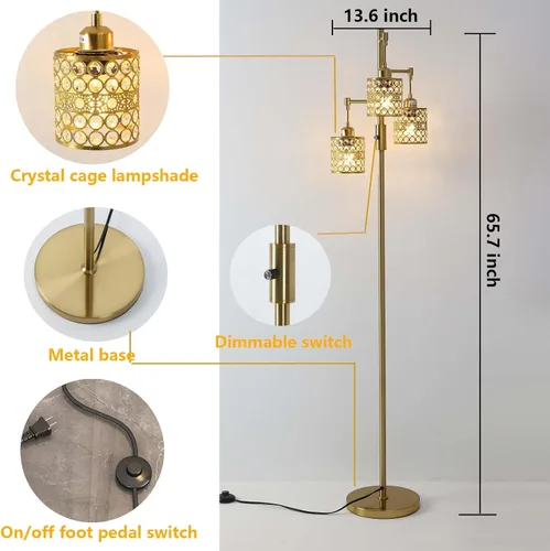 Vista 5 de Lámpara de pie industrial, lámpara de pie regulable, lámpara de árbol dorado, lámpara de pie con 3 elegantes pantallas de cristal para sala